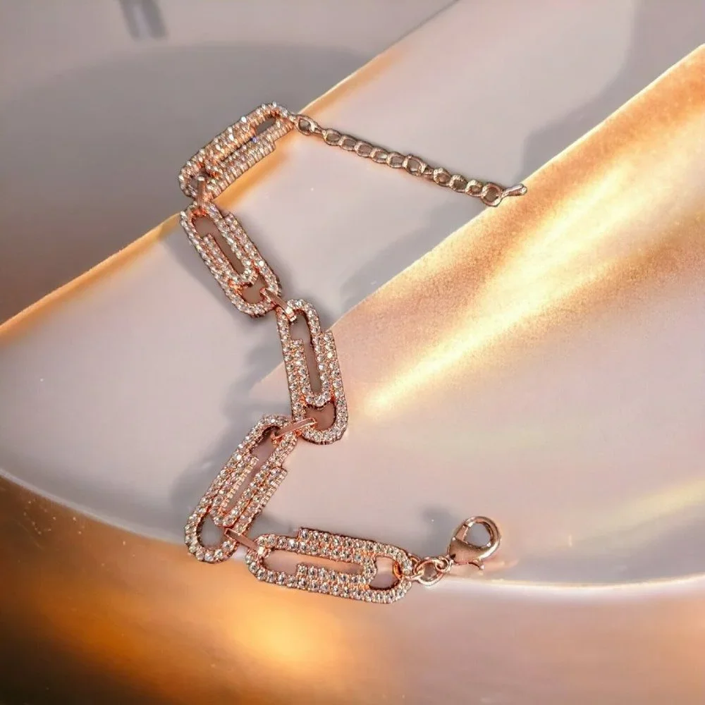 Paperclip Bracelet Austrian Crystals 7- 9" RoseTone Mother's Day Gift JY-26bc - Picture 2 of 4